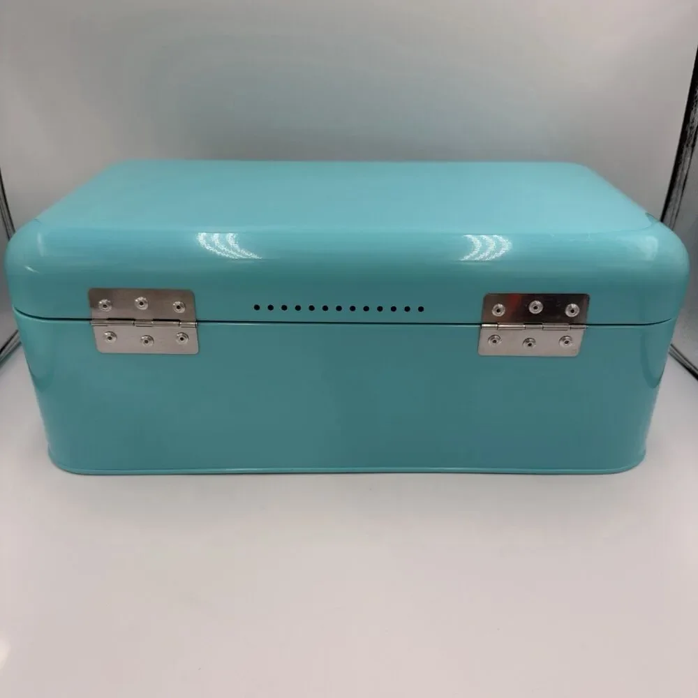 Turquoise Metal Bread Box Hinged Lid Retro Farmhouse Kitchen Storage 16.5”